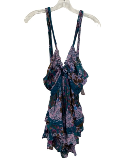 Free People Size M Blue & Purple Cotton Sleeveless Floral Tie Back Romper Blue & Purple / M