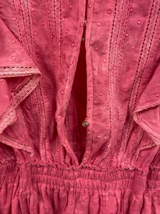 Love Shack Fancy Size S Pink Cotton Short Ruffle Sleeve Lace Snaps Mini Dress Pink / S