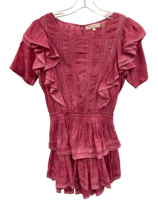 Love Shack Fancy Size S Pink Cotton Short Ruffle Sleeve Lace Snaps Mini Dress Pink / S