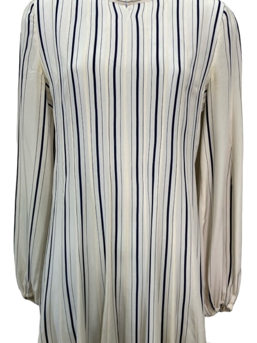 Akris Size 2 Ivory & Navy Print Silk Vertical Stripes Mock Collar Midi Dress Ivory & Navy Print / 2