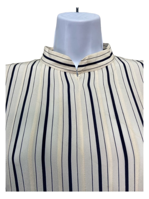 Akris Size 2 Ivory & Navy Print Silk Vertical Stripes Mock Collar Midi Dress Ivory & Navy Print / 2