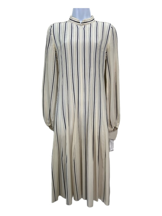 Akris Size 2 Ivory & Navy Print Silk Vertical Stripes Mock Collar Midi Dress Ivory & Navy Print / 2