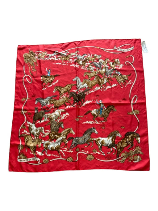 Hermes Red & Brown Print Silk Horses scarf Red & Brown Print / 90cm