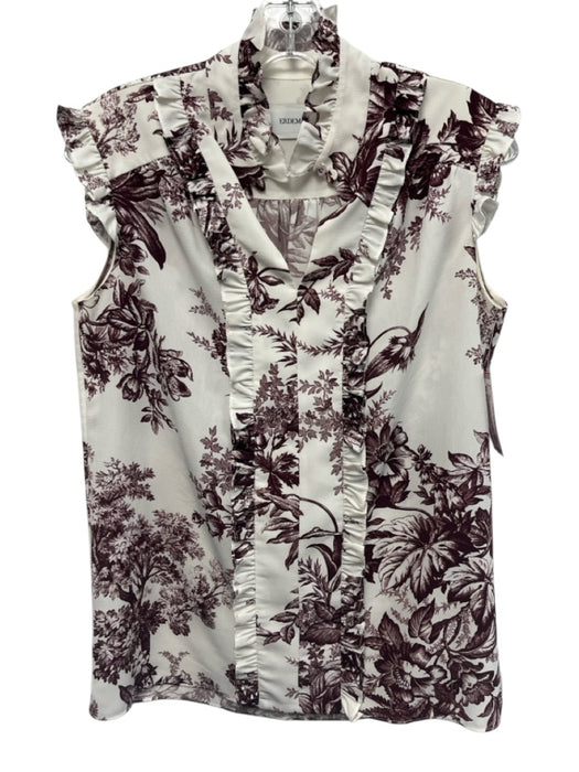 Erdem Size 4 Burgundy Red & White Polyester Sleeveless Floral Print Ruffles Top Burgundy Red & White / 4