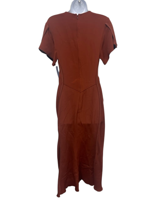 Victoria Beckham Size 2 Rust Brown Viscose Short Sleeve Contrast Stitch Dress Rust Brown / 2