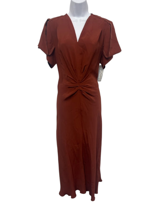 Victoria Beckham Size 2 Rust Brown Viscose Short Sleeve Contrast Stitch Dress Rust Brown / 2