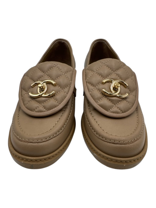 Chanel Shoe Size 37 Light Brown Leather Quilted Turn Lock Almond Toe Loafers Light Brown / 37