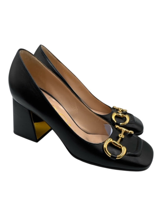 Gucci Shoe Size 37 Black Leather Square Toe Horse Bit Block Heel Loafer Pumps Black / 37