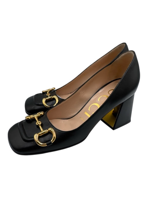 Gucci Shoe Size 37 Black Leather Square Toe Horse Bit Block Heel Loafer Pumps Black / 37