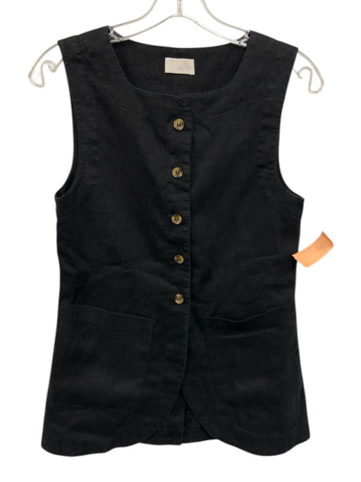 Posse Black Linen & Cotton Sleeveless Buttons Pockets Vest Top Black