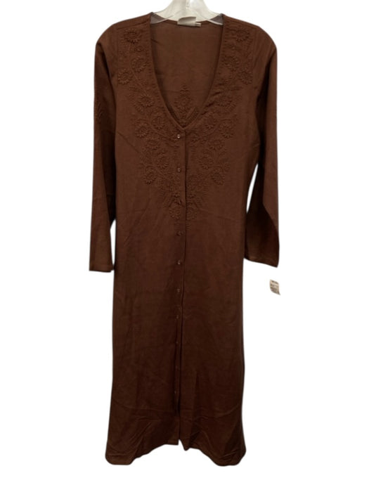 Julia Amory Size XS Brown Linen & Viscose Long Sleeve Embroidered Buttons Dress Brown / XS