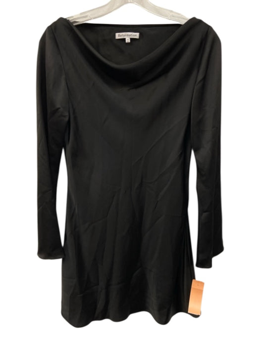 Reformation Size XS Black Satin Long Flare Sleeve Cowl Neck Wide Neck Mini Dress Black / XS