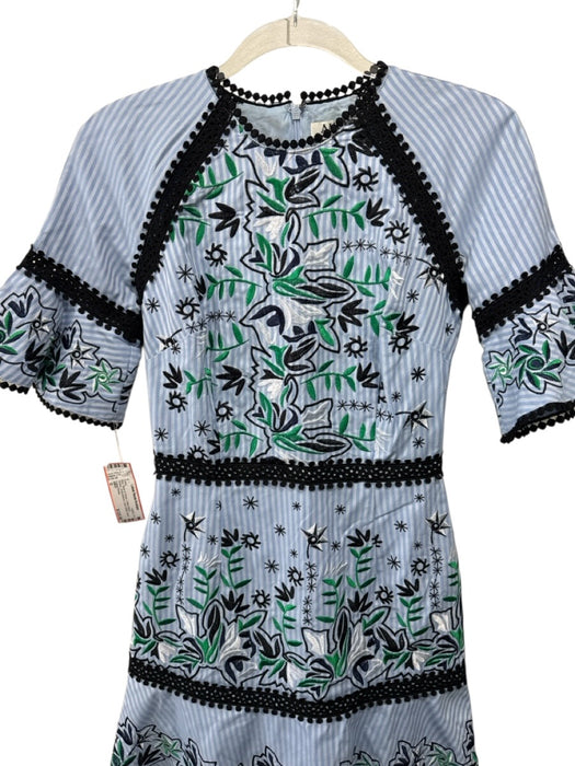 AMUR Size 0 Blue, Black & Green Cotton Blend Striped Embroidered Dress Blue, Black & Green / 0