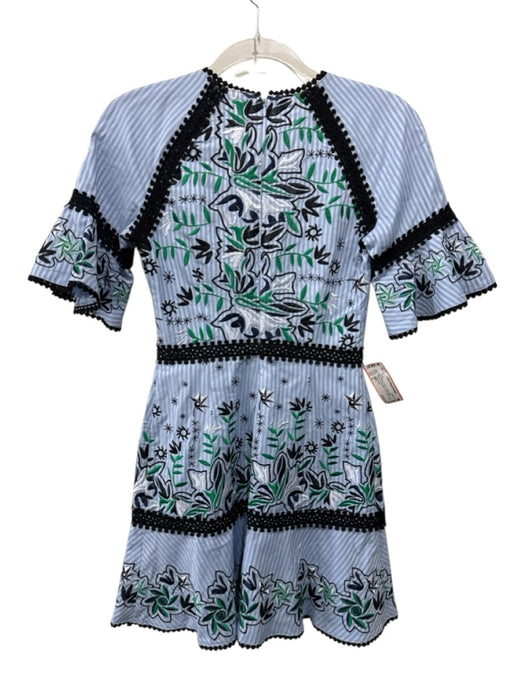 AMUR Size 0 Blue, Black & Green Cotton Blend Striped Embroidered Dress Blue, Black & Green / 0