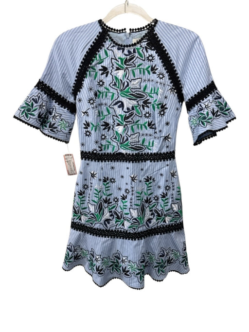 AMUR Size 0 Blue, Black & Green Cotton Blend Striped Embroidered Dress Blue, Black & Green / 0