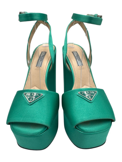 Prada Shoe Size 36.5 Aqua Green Satin Upper Logo Plate Ankle Buckle Sandals Aqua Green / 36.5