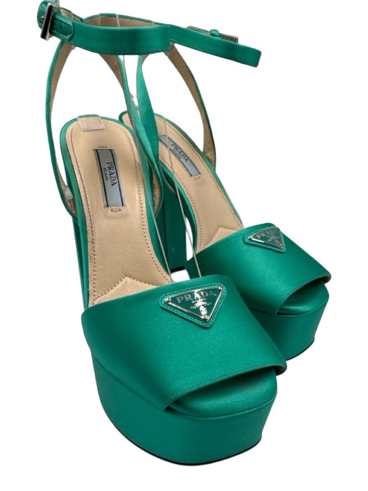 Prada Shoe Size 36.5 Aqua Green Satin Upper Logo Plate Ankle Buckle Sandals Aqua Green / 36.5