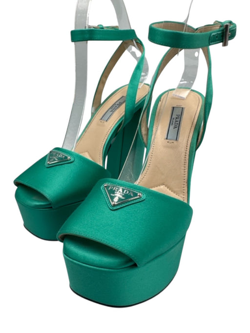 Prada Shoe Size 36.5 Aqua Green Satin Upper Logo Plate Ankle Buckle Sandals Aqua Green / 36.5