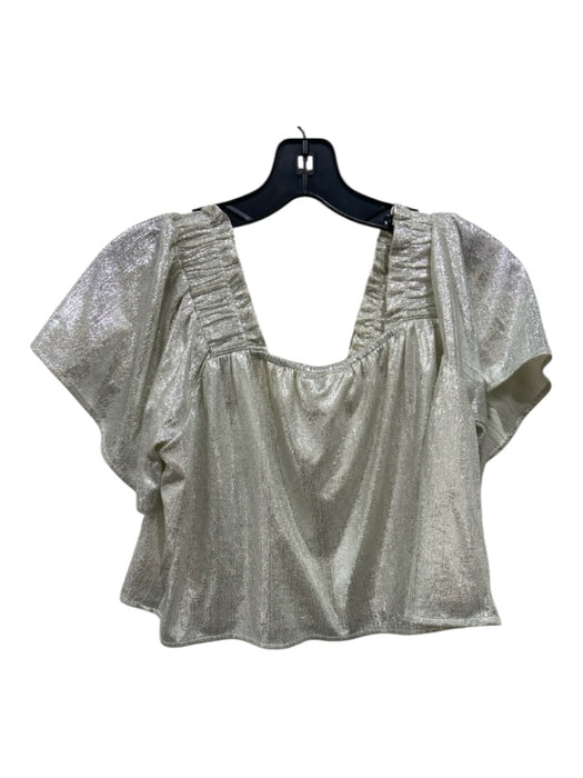 Queen of Sparkles Size S Silver Poly metalic Cropped Flutter Cap Sleeve Top Silver / S