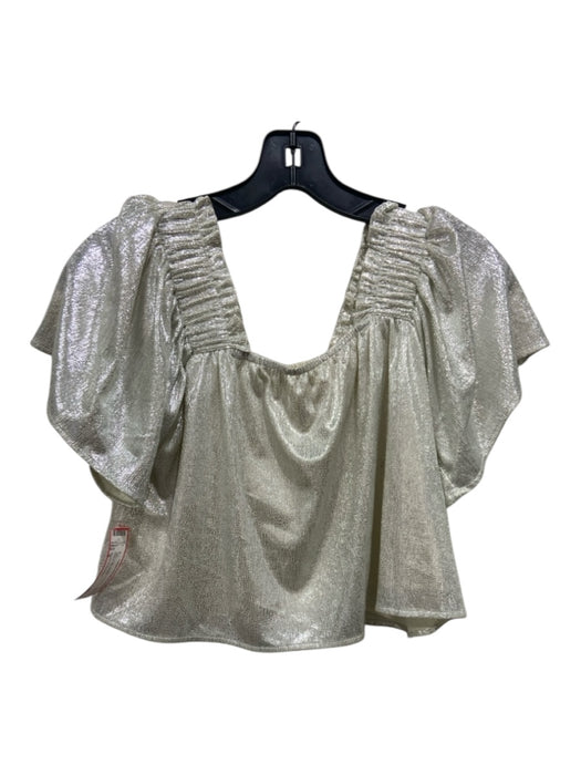 Queen of Sparkles Size S Silver Poly metalic Cropped Flutter Cap Sleeve Top Silver / S