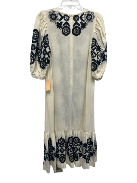 Sea New York Size XXS Black & Cream Linen Short Puff Sleeve V Neck Maxi Dress Black & Cream / XXS