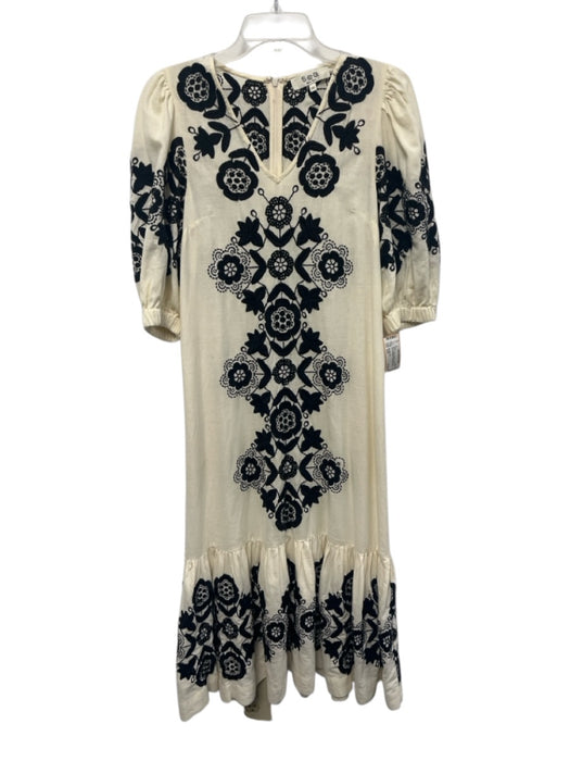 Sea New York Size XXS Black & Cream Linen Short Puff Sleeve V Neck Maxi Dress Black & Cream / XXS