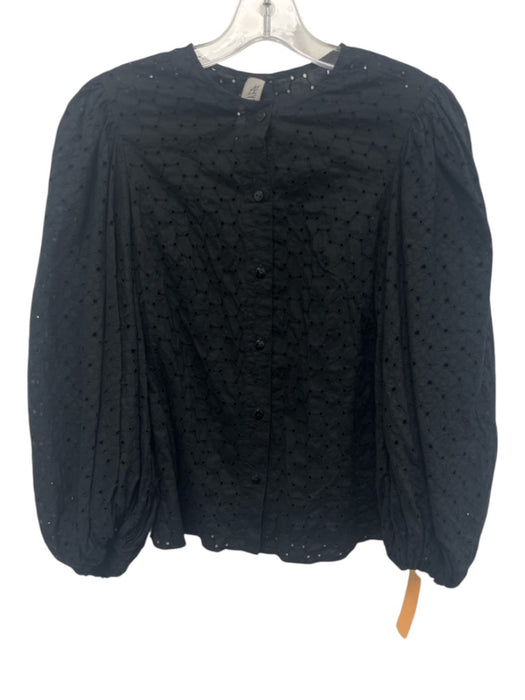 Anna October Size Small Black Cotton Long puff sleeve Eyelet Button Front Top Black / Small