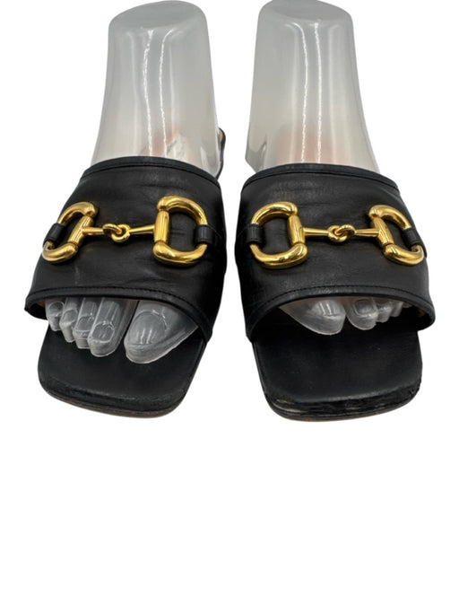 Gucci Shoe Size 38 Black Leather Block Heel Horsebit Open Toe Slide Sandals Black / 38