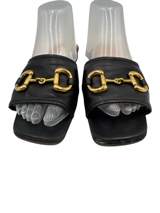 Gucci Shoe Size 38 Black Leather Block Heel Horsebit Open Toe Slide Sandals Black / 38