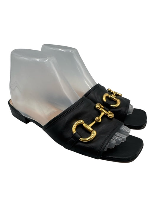 Gucci Shoe Size 38 Black Leather Block Heel Horsebit Open Toe Slide Sandals Black / 38
