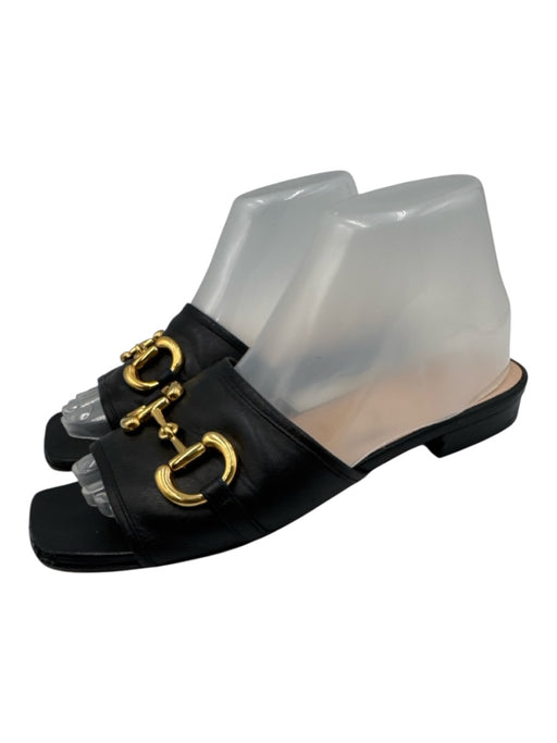 Gucci Shoe Size 38 Black Leather Block Heel Horsebit Open Toe Slide Sandals Black / 38
