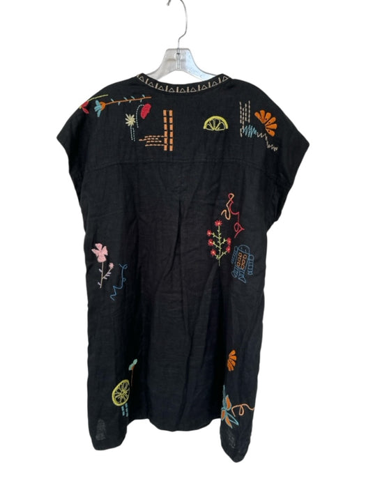 Johnny Was Size M Black & Multi Linen Cap Sleeve embroider neck Buttons Dress Black & Multi / M