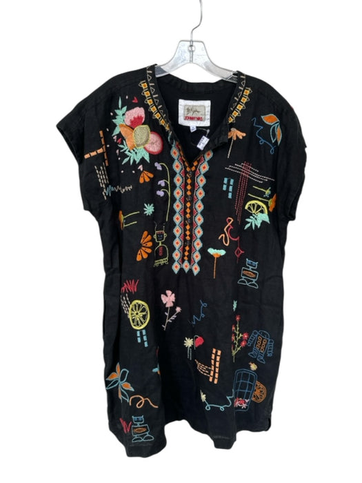 Johnny Was Size M Black & Multi Linen Cap Sleeve embroider neck Buttons Dress Black & Multi / M