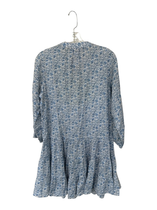 Lake Size M White & Blue Cotton Long Sleeve Flowers Drop Waist Collar Dress White & Blue / M