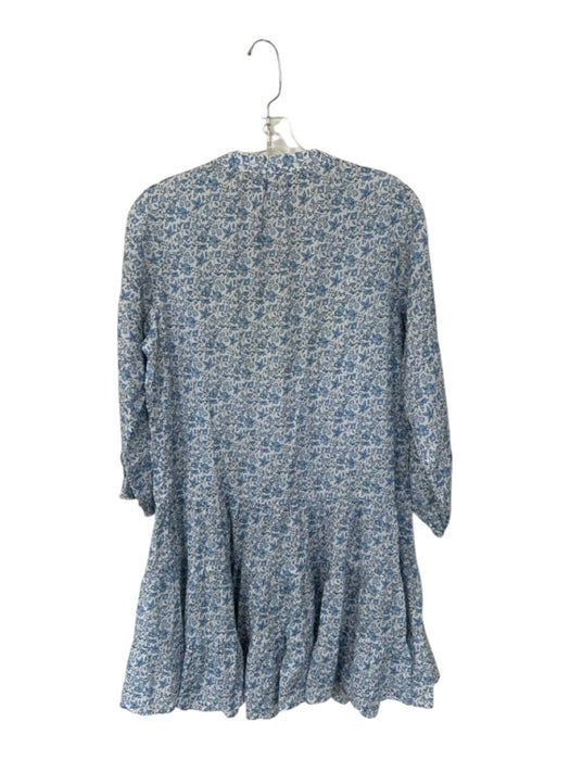 Lake Size M White & Blue Cotton Long Sleeve Flowers Drop Waist Collar Dress White & Blue / M