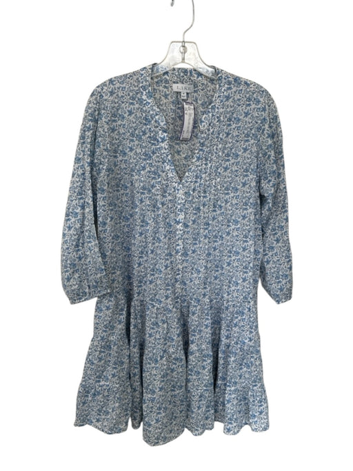 Lake Size M White & Blue Cotton Long Sleeve Flowers Drop Waist Collar Dress White & Blue / M