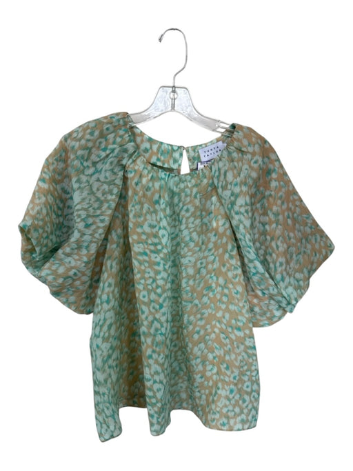 Tanya Taylor Size L Teal & Tan Polyester 3/4 Balloon Sleeve Animal Print Top Teal & Tan / L