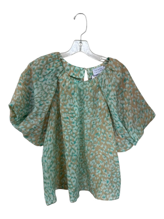 Tanya Taylor Size L Teal & Tan Polyester 3/4 Balloon Sleeve Animal Print Top Teal & Tan / L
