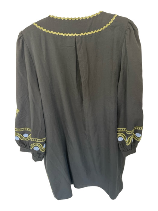 Entro Size Large Black & Multi Rayon Blend Embroidered Mini Puff Sleeve Dress Black & Multi / Large