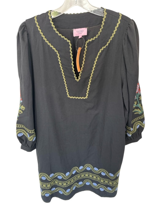 Entro Size Large Black & Multi Rayon Blend Embroidered Mini Puff Sleeve Dress Black & Multi / Large