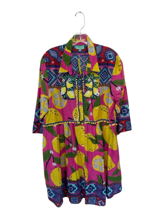 Antica Sartoria Size L/XL Multi Cotton Long Sleeve Lemons Beaded Detail Dress Multi / L/XL
