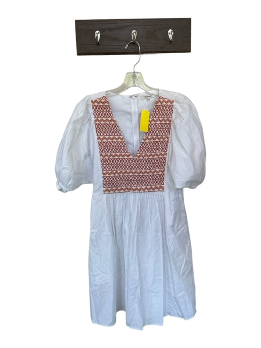 Madewell Size M White & Rust Brown Cotton Short Balloon Sleeve V Neck Dress White & Rust Brown / M