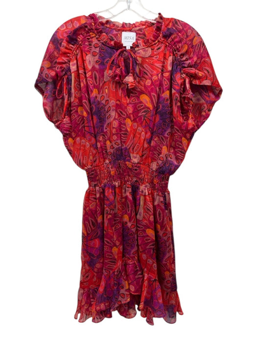 Misa Size S Red, Purple & Black Polyester Abstract Print Tassel V Neck Dress Red, Purple & Black / S