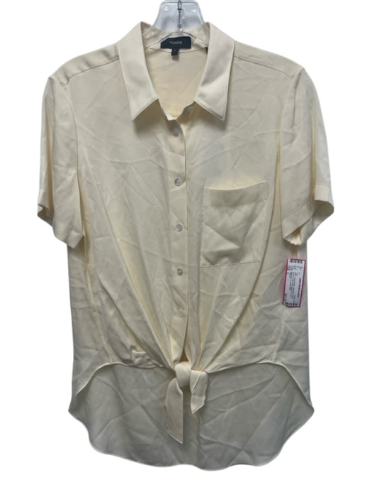 Theory Size S Cream White Silk Blend Short Sleeve Knot Front Button Up Shirt Top Cream White / S