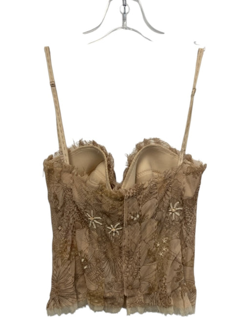 Elie Tahari Size Est S Beige & Brown Silk Embroidered Detail Floral Top Beige & Brown / Est S