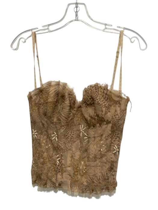 Elie Tahari Size Est S Beige & Brown Silk Embroidered Detail Floral Top Beige & Brown / Est S
