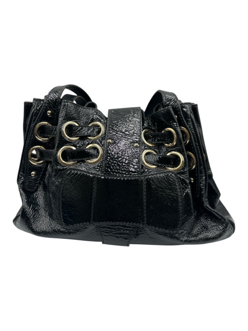 Jimmy Choo Black Patent Leather Gold hardware Logo Lock Clasp Bucket Bag Black / Medium