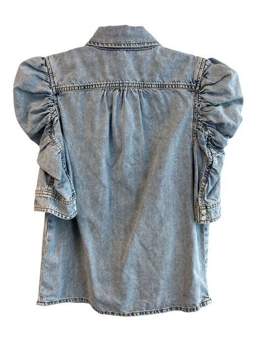 Frame Size XS Light Wash Cotton Denim Collared Button Up 1/2 sleeve Gathered Top Light Wash / XS