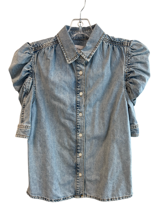 Frame Size XS Light Wash Cotton Denim Collared Button Up 1/2 sleeve Gathered Top Light Wash / XS