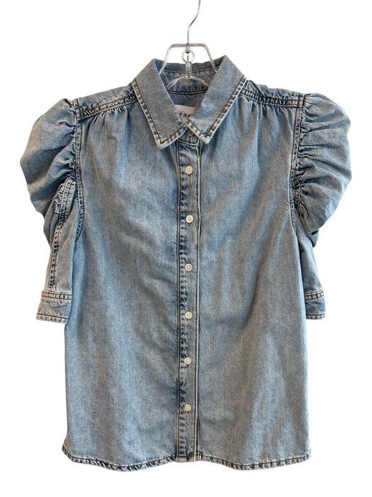 Frame Size XS Light Wash Cotton Denim Collared Button Up 1/2 sleeve Gathered Top Light Wash / XS